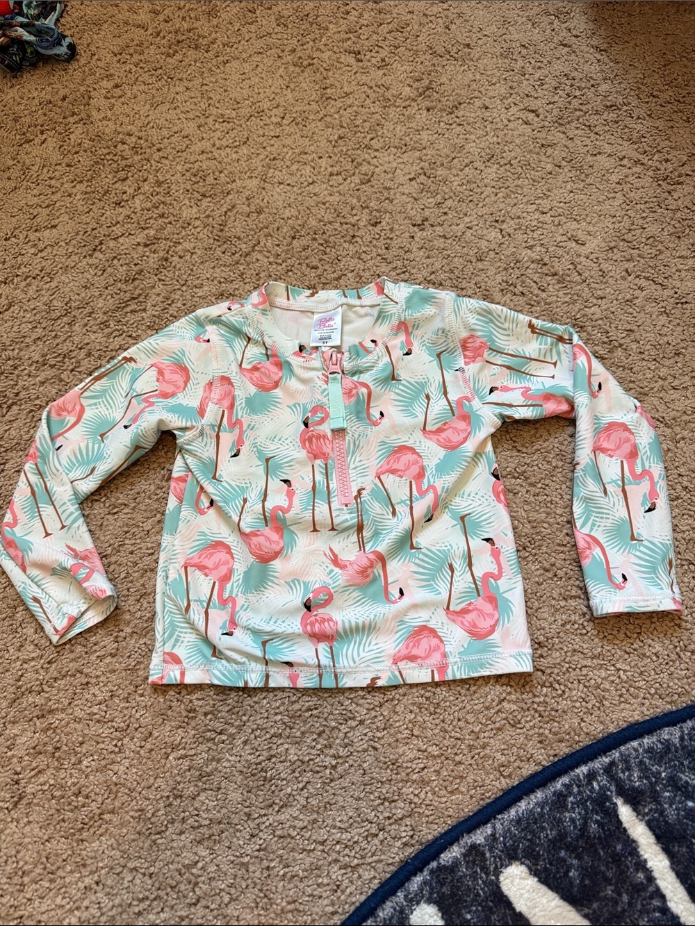 Ruffle Butts Pink Flamingo Long-Sleeve Rashguard with Aqua Base